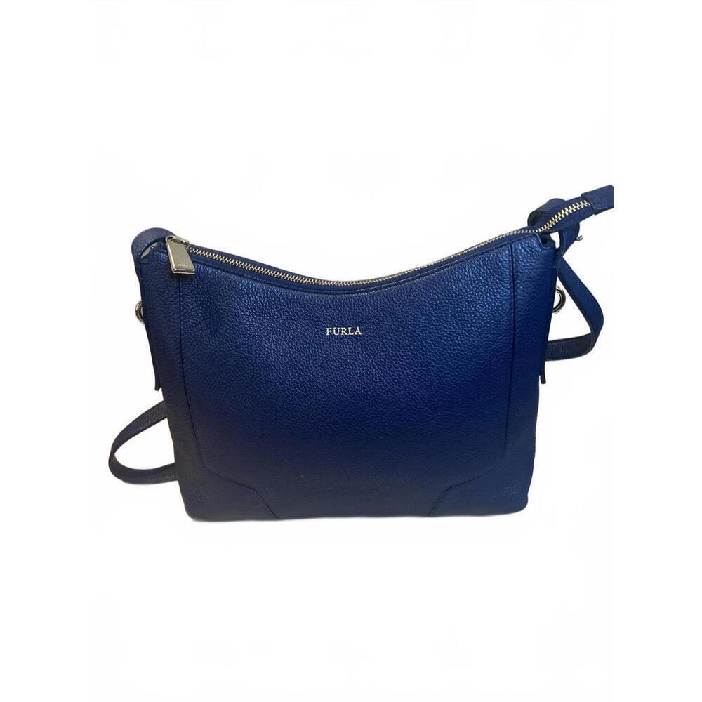 Furla Navy Blue Pebbled Leather Crossbody Hobo Handbag Gold Hardware